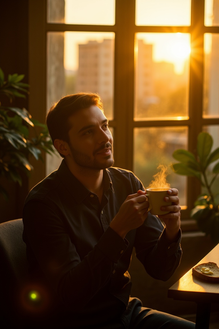 Golden morning light creeps through the office window,  casting a warm glow on the subject's face as he sits in contemplat...