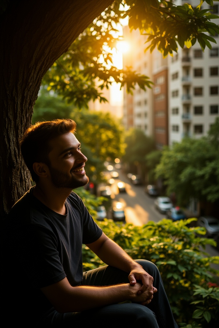 A close-up headshot captures a beaming man sitting beneath a towering tree,  his face illuminated by a sliver of warm sunl...