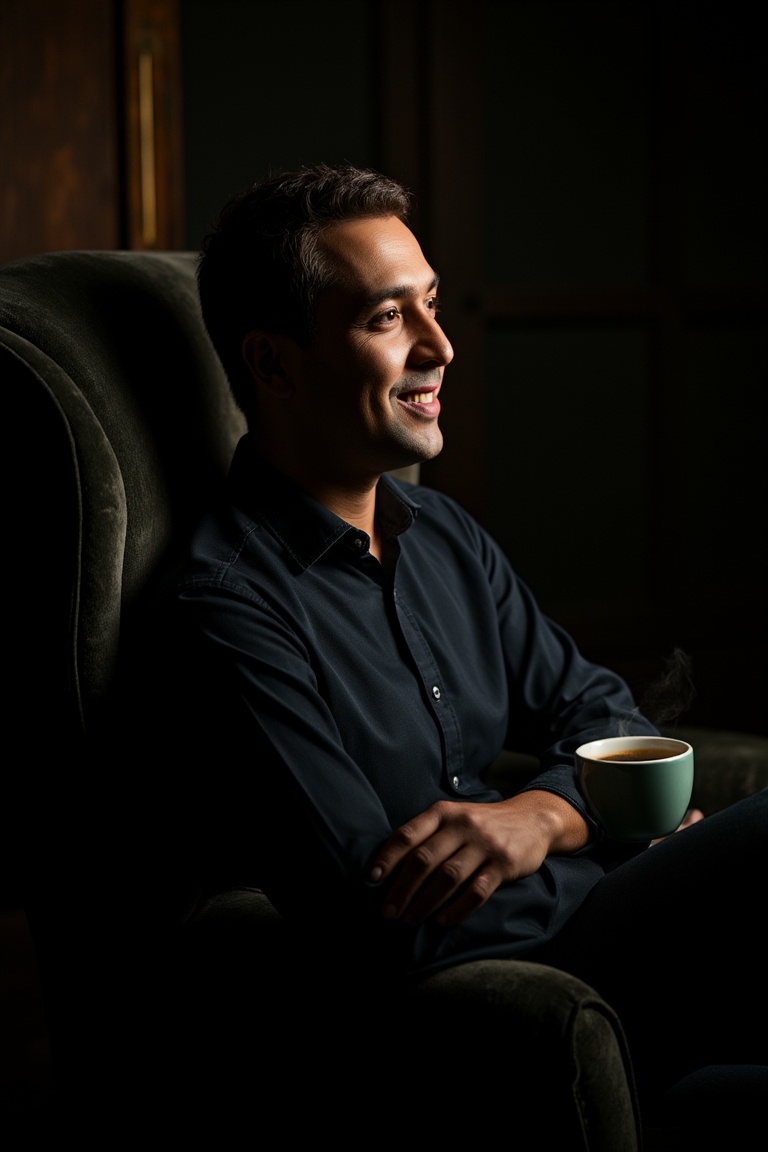Close-up shot of a beaming man sitting in a luxurious wingback chair within a dimly lit office. Softbox studio lights illu...