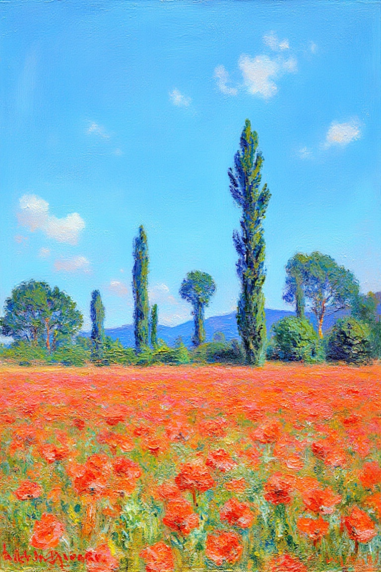 "A vibrant field of poppies in full bloom beneath a clear,  bright blue sky,  with a few soft clouds scattered. Tall on Te...