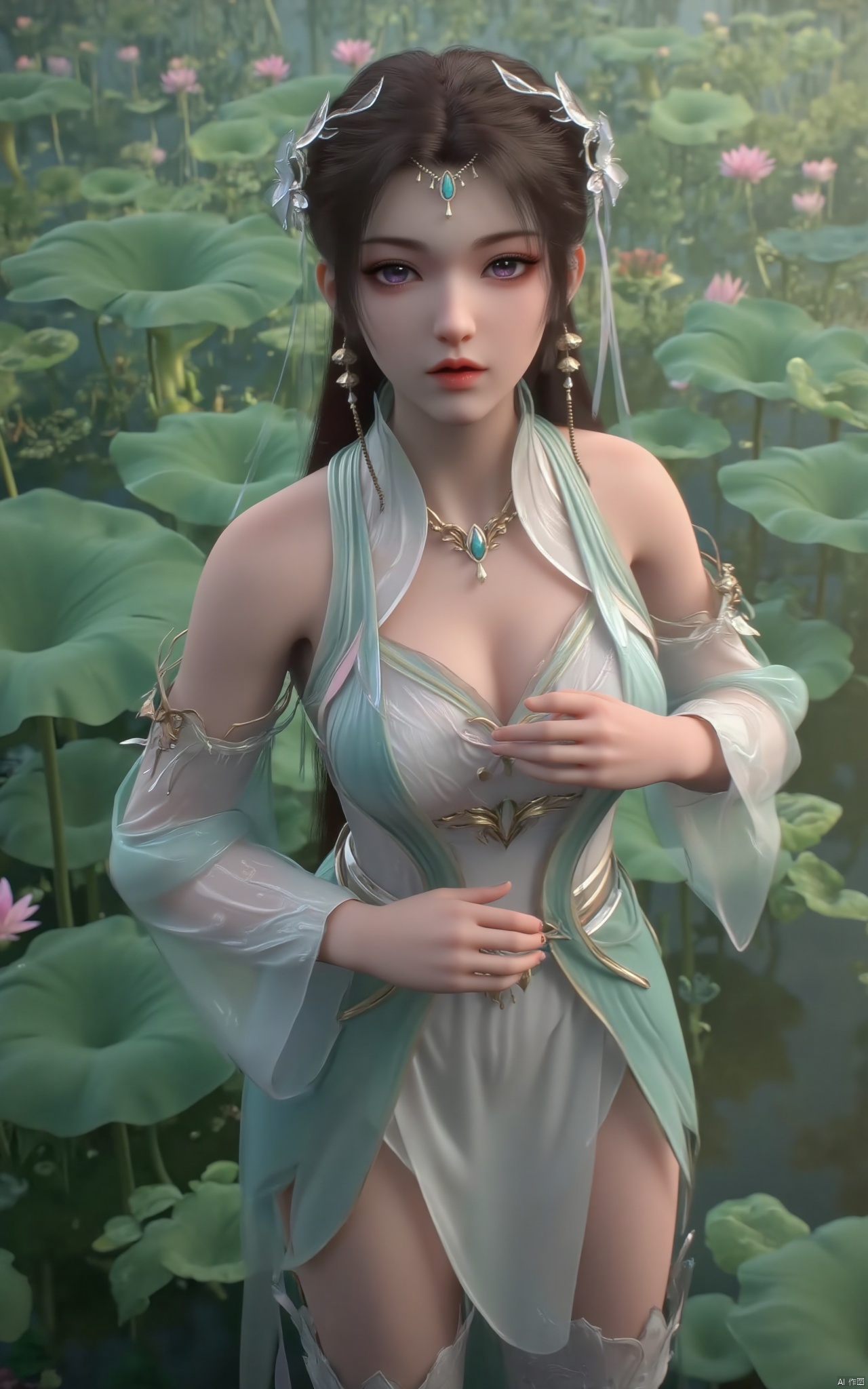 masterpiece,(best quality),official art, (1girl), (solo), ((looking_at_viewer)),(huge breasts:2.39),(full breasts:1.99),Xzhaoliner,(Lotus pond, lotus:1.52),Xruoshui,Xlongnv,Xbaiyijun,XyunluoH,XyunluoX,Xyiwenjun