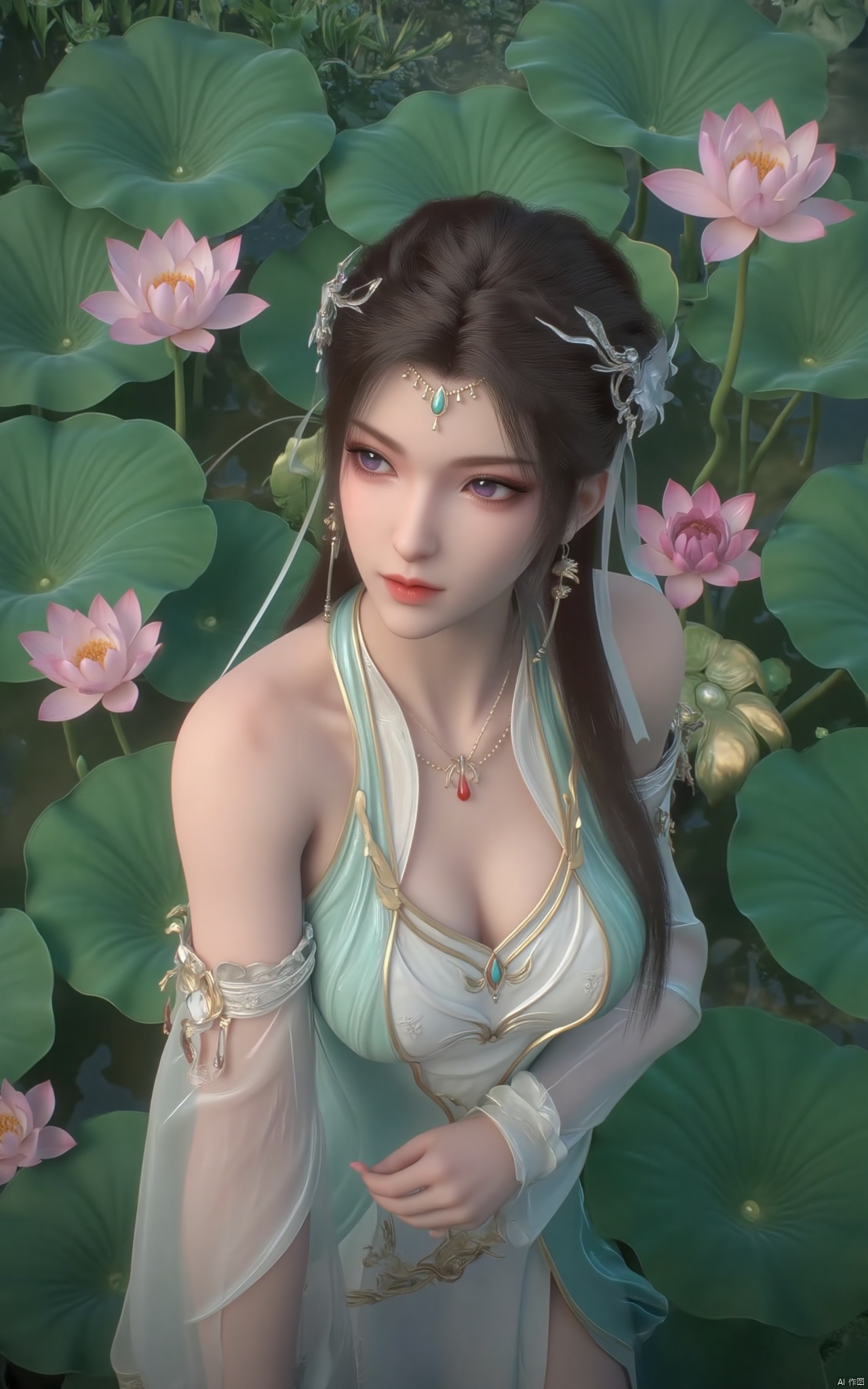 masterpiece,(best quality),official art, (1girl), (solo), ((looking_at_viewer)),(huge breasts:2.39),(full breasts:1.99),Xzhaoliner,(Lotus pond, lotus:1.52),Xruoshui,Xlongnv,Xbaiyijun,XyunluoH,XyunluoX,Xyiwenjun