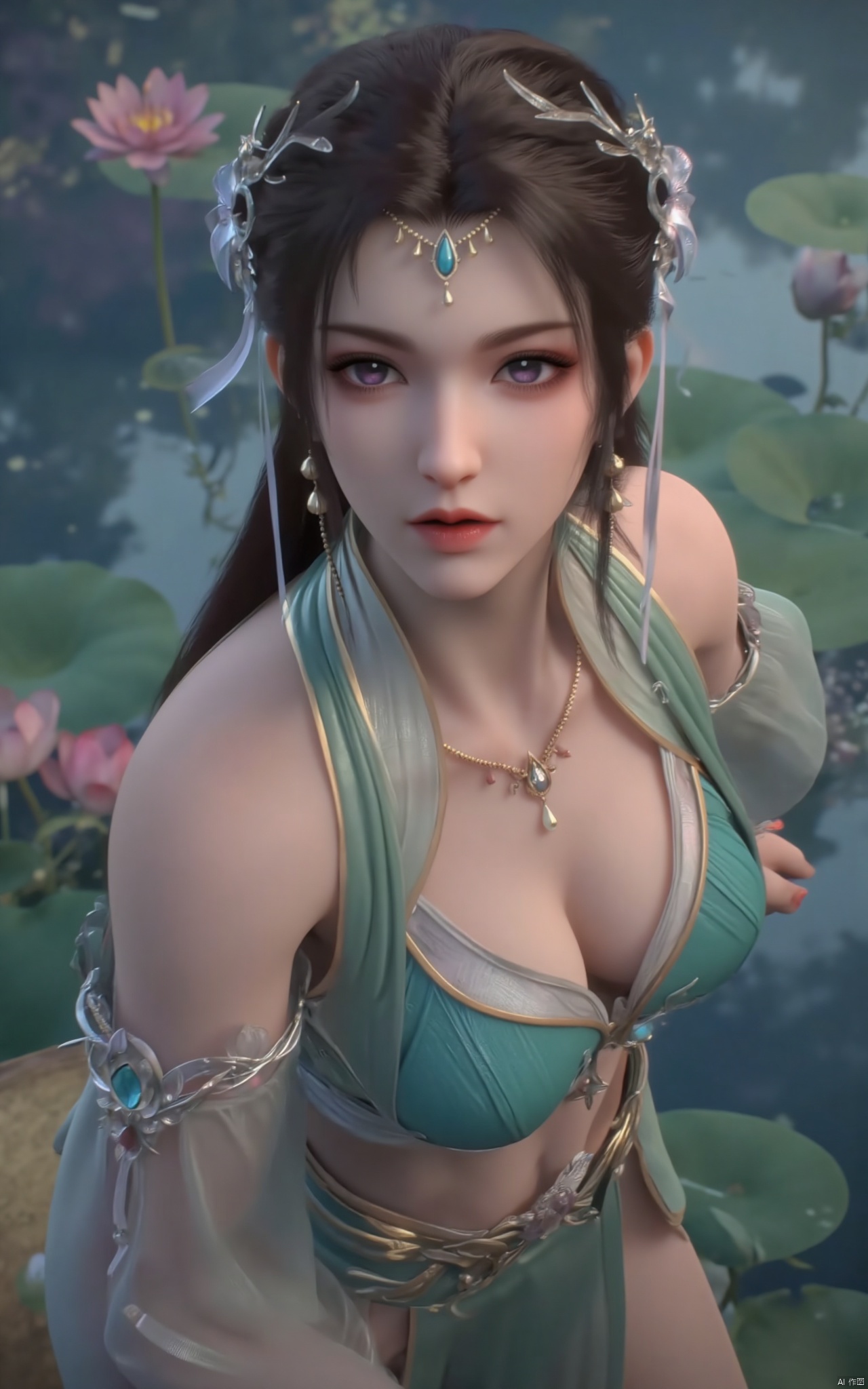 masterpiece,(best quality),official art, (1girl), (solo), ((looking_at_viewer)),(huge breasts:2.39),(full breasts:1.99),Xzhaoliner,(Lotus pond, lotus:1.52),Xruoshui,Xlongnv,Xbaiyijun,XyunluoH,XyunluoX,Xyiwenjun