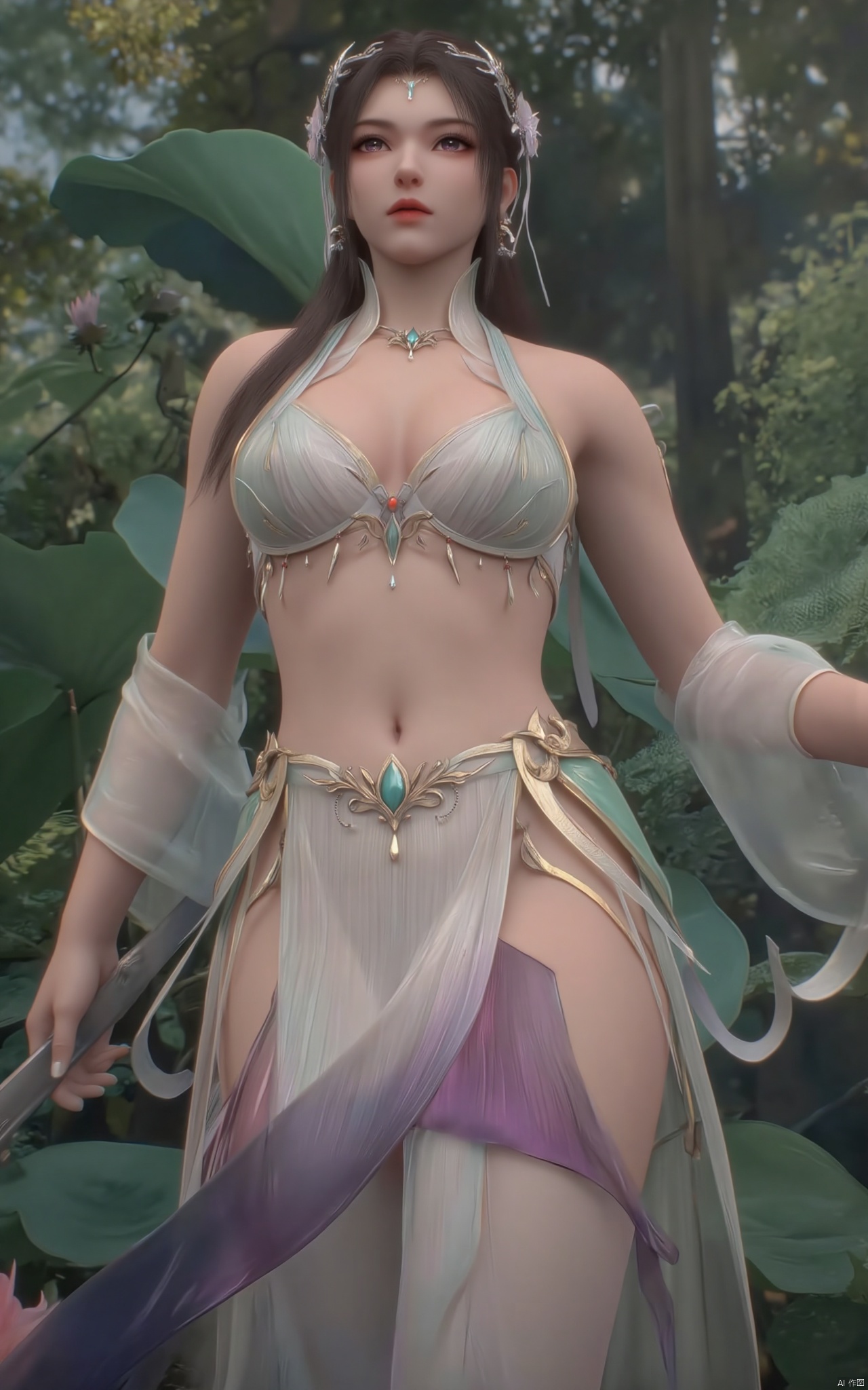 masterpiece,(best quality),official art, (1girl), (solo), ((looking_at_viewer)),(huge breasts:2.39),(full breasts:1.99),Xzhaoliner,(Lotus pond, lotus:1.52),Xruoshui,Xlongnv,Xbaiyijun,XyunluoH,XyunluoX,Xyiwenjun