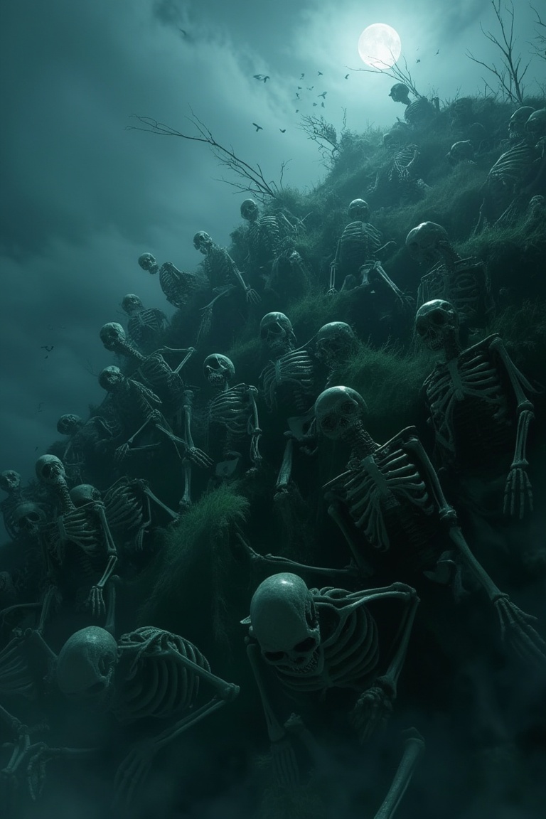 A spooky Halloween hill scene with skeletons emerging from the abyss,  eerie moonlight casting long shadows,  the composit...