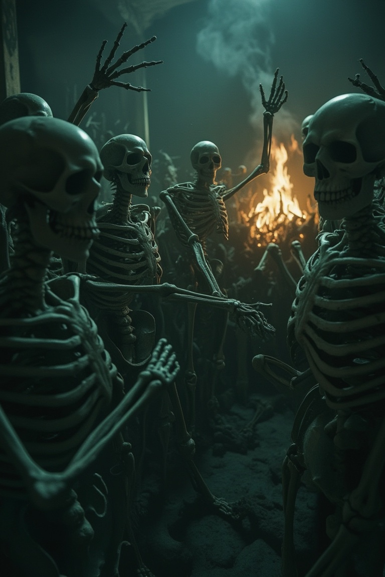 Skeletons emerging from the abyss in a liminal room,  a fire glowing in the background,  dim on Tensor.Art