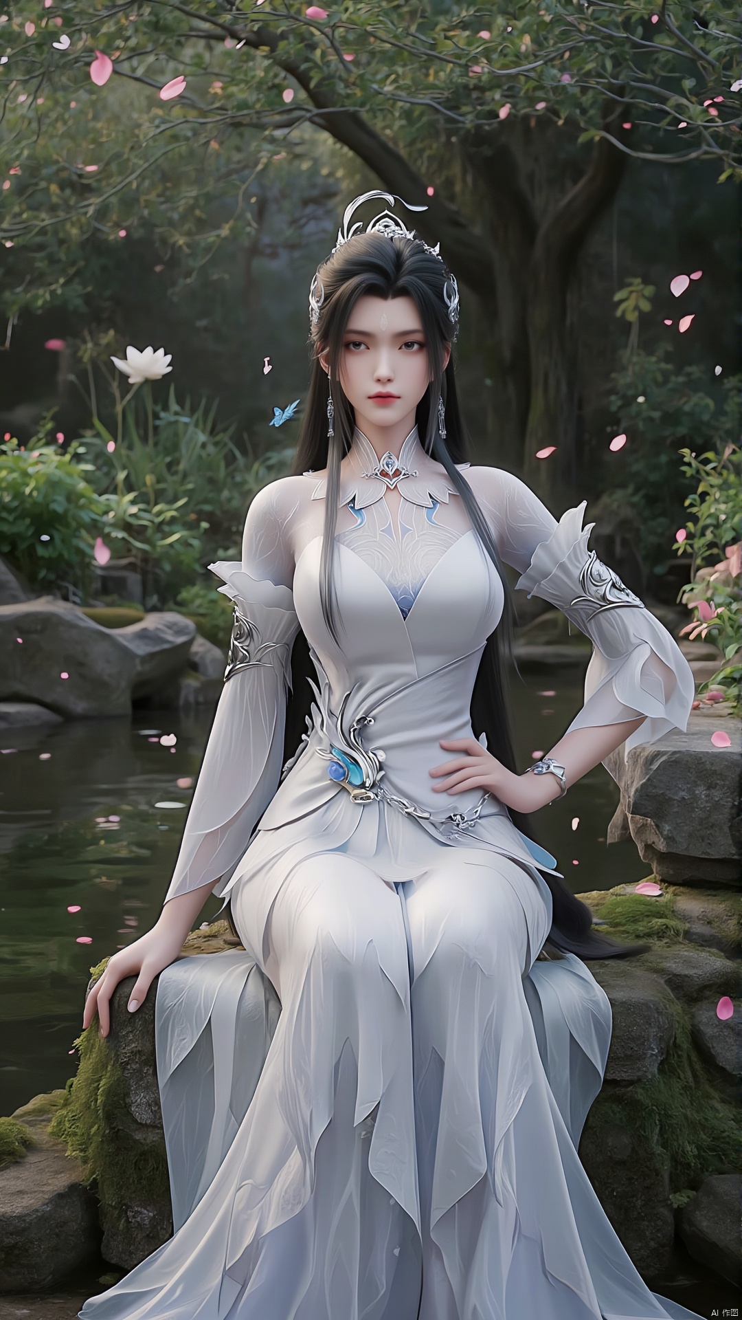 A serene 8K photo of a girl (GG) sitting on lush rocks with black hair. A delicate hair ornament embellishes her hair, an elegant white dress embraces her slender figure, waist, waist, surrounded by petals and branches, makeup, eye shadow, red lips, a small butterfly perches on the edge of the earrings. Added a whimsical atmosphere. Wildflowers, butterflies, petals, 1lxq high-definition, silk material clothing, Chinese courtyard, with pond, lotus, moss in the courtyard