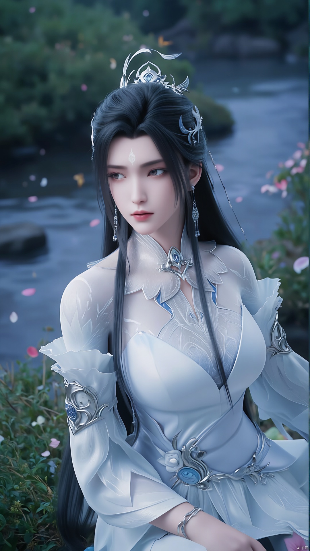 A serene 8K photo of a girl (GG) sitting on lush rocks, her long black hair cascading down her back like a waterfall. A delicate hair ornament embellished her hair, and an elegant white apron embraced her slender figure. Her waist and waist were surrounded by petals and branches, makeup, eye shadow, red lips, and a small butterfly perched on the edge of the earrings. Added a whimsical atmosphere. Wildflowers, butterflies, petals, 1lxq high-definition