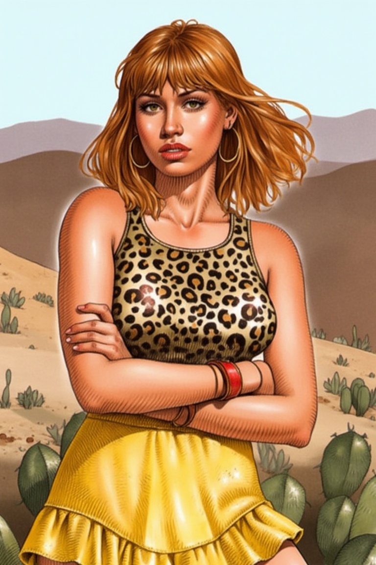 La woman in a leopard print top and a frilly yellow skirt,  arms crossed,  standing in a desert on Tensor.Art