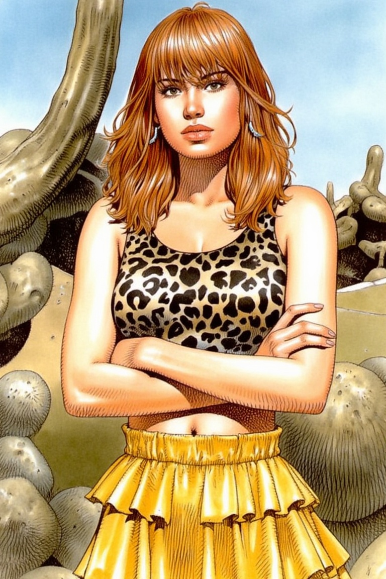 a woman in a leopard print top and a frilly yellow skirt,  arms crossed,  standing in a desert on Tensor.Art