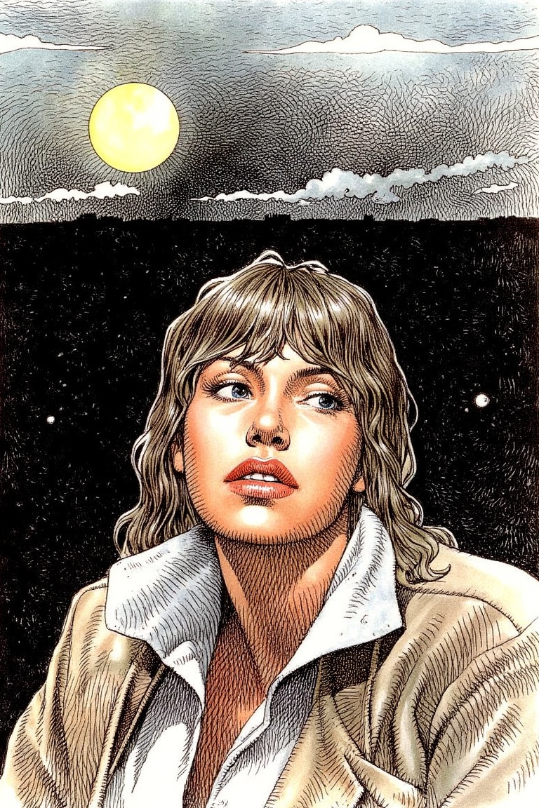 a woman by serpieri,  the moon in the background on Tensor.Art