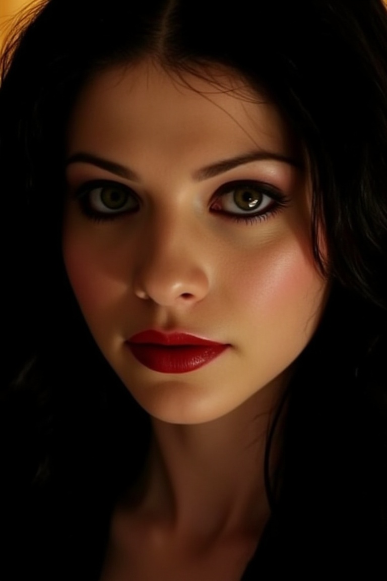 Michelle Trachtenberg's eyes gleam with mysterious allure as she embodies the enigmatic Phantom in a dramatic close-up sho...