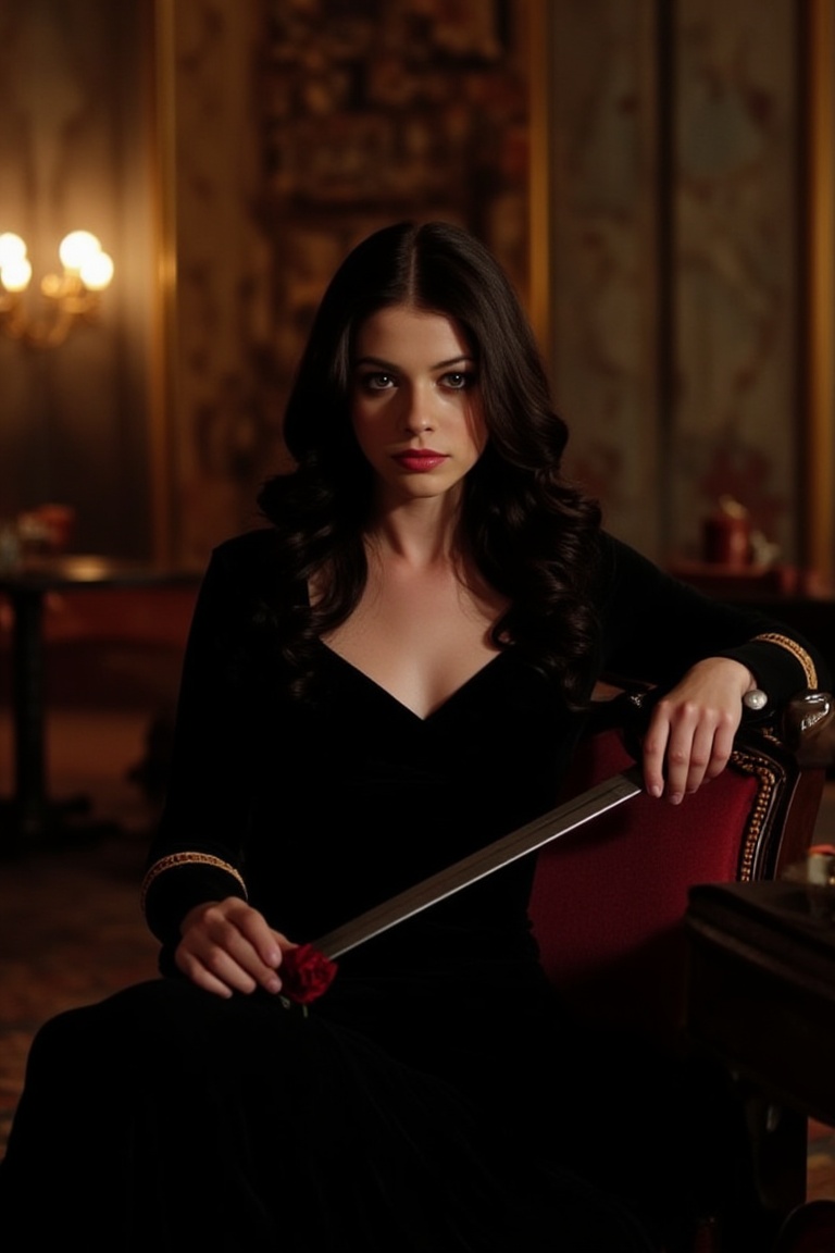 Michelle Trachtenberg's eyes gleam with a hint of mischief as she embodies the enigmatic Phantom in a dimly lit,  ornate b...