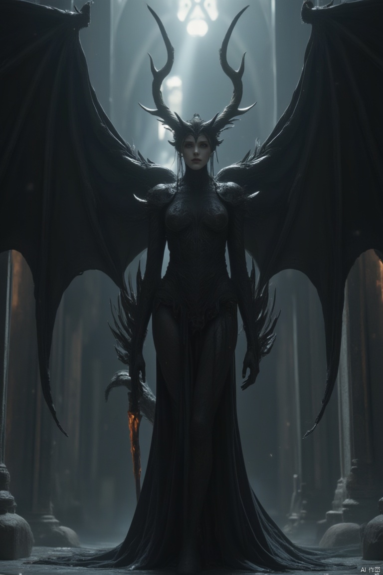 A dark, imposing scene featuring a female Lucifer, her three pairs of massive black wings spread wide, casting long shadows in the dim, cavernous space. She stands in a grand, Gothic cathedral, her presence dominating the vast, empty hall. The composition is wide-angle, emphasizing her towering form and the intricate details of her wings. The lighting is dramatic, with deep shadows and a single, piercing beam of light illuminating her face. She holds a flaming sword, her expression one of both power and defiance. The location is ominous, with towering columns and ancient, weathered stone adding to the foreboding atmosphere.