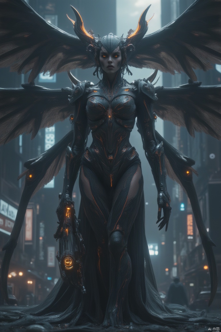 A dark, imposing scene featuring a female Lucifer with three pairs of massive, cybernetic black wings, their edges glowing with neon accents. She stands in a neon-lit, cyberpunk cityscape, surrounded by towering skyscrapers and holographic advertisements. The composition is wide-angle, emphasizing her towering form and the intricate details of her cybernetic wings. The lighting is dramatic, with deep shadows and neon lights casting colorful reflections on her metallic surfaces. She holds a high-tech, energy-based weapon, her expression one of both power and defiance. The location is a bustling, cyberpunk cityscape, with flying vehicles and advanced technology adding to the futuristic, ominous atmosphere.
