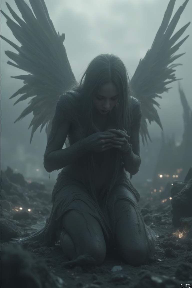 A dark, somber scene featuring a fallen angel, her once-white wings now tattered and blackened by fire. She kneels in a desolate, ash-covered wasteland, her head bowed in despair. The composition is low-angle, emphasizing her fallen stature and the vast, empty sky above. The lighting is muted and gloomy, with a cold, gray tone dominating the scene. Her expression is one of deep sorrow and regret, her hands clasped in prayer. The location is barren and lifeless, with remnants of a once-great civilization adding to the sense of loss and decay.