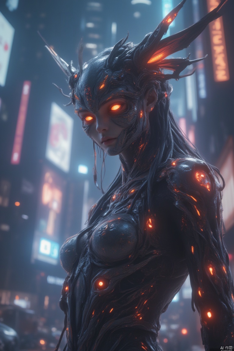 A whimsical, cyberpunk scene featuring a female big-eared creature, her large, pointed ears adorned with glowing cybernetic enhancements. She stands in a neon-lit, urban environment, surrounded by towering skyscrapers and holographic advertisements. The composition is mid-shot, capturing her playful expression and the intricate details of her cybernetic enhancements. The lighting is vibrant and dynamic, with neon lights casting colorful reflections on her metallic surfaces. She holds a small, glowing cybernetic device in her hand, her pose relaxed and inviting. The location is a bustling, cyberpunk cityscape, with flying vehicles and advanced technology adding to the futuristic, enchanting atmosphere.