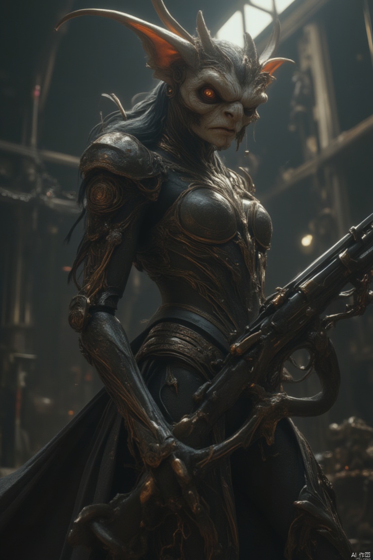 A detailed close-up of a mischievous goblin wearing intricate steampunk armor, holding a vintage matchlock arquebus. The scene is set in a dimly lit, industrial workshop with gears and cogs scattered around. The goblin's expression is one of cunning, with a glint in its eye. The lighting is dramatic, casting sharp shadows and highlighting the metallic textures of the armor and weapon. The composition is dynamic, with the goblin's pose exuding readiness for action.