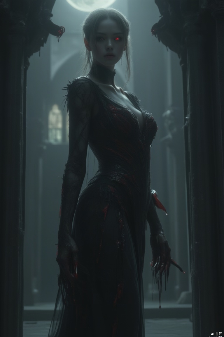 A dark, moody scene featuring a female vampire, her eyes glowing red in the dim moonlight. She stands elegantly in a Gothic cathedral, her long, flowing black dress contrasting with the ancient stone walls. The composition is centered on her, with a slight tilt to add tension. The lighting is dramatic, with shadows emphasizing her sharp features and fangs. She holds a goblet of blood, her expression one of both allure and menace. The location is eerie, with gargoyles and stained glass windows adding to the atmosphere.