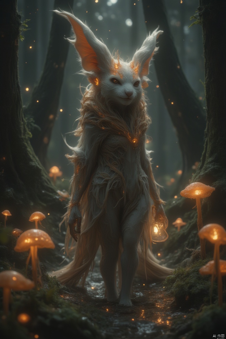 A whimsical, fantastical scene featuring a female big-eared creature, her large, pointed ears twitching with curiosity. She stands in a lush, enchanted forest, surrounded by glowing mushrooms and bioluminescent plants. The composition is mid-shot, capturing her playful expression and the intricate details of her fur and clothing. The lighting is soft and magical, with a warm, golden glow filtering through the trees. She holds a small, glowing lantern in her hand, her pose relaxed and inviting. The location is mystical, with ancient trees and sparkling streams adding to the enchanting atmosphere.