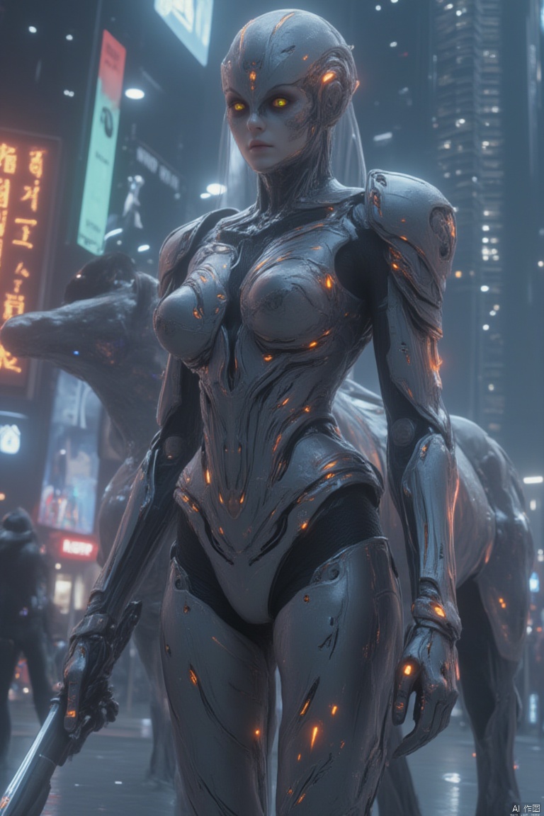A futuristic, cybernetic scene featuring a female torso seamlessly integrated onto a powerful, mechanical horse body, clad in sleek, high-tech armor. The cyborg stands in a neon-lit, urban environment, surrounded by towering skyscrapers and holographic advertisements. The composition is mid-shot, capturing the fusion of organic and mechanical elements, with intricate details of the cybernetic enhancements and glowing circuitry. The lighting is vibrant and dynamic, with neon lights casting colorful reflections on the metallic surfaces. The cyborg holds a high-tech, energy-based weapon, her expression one of confidence and readiness. The location is a bustling, cyberpunk cityscape, with flying vehicles and advanced technology adding to the futuristic atmosphere.