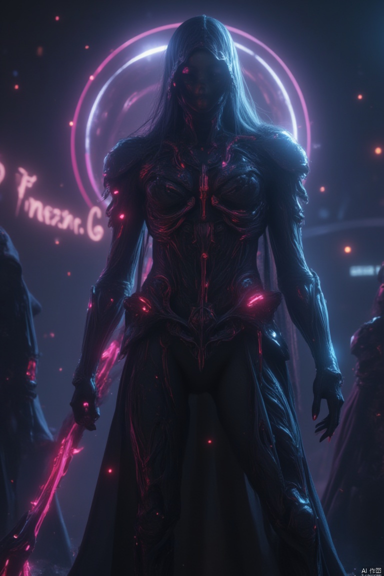 A cyberpunk-inspired Death, clad in sleek, dark armor with neon accents, wields a futuristic scythe in a dynamic, low-angle shot. The scene is dimly lit with neon lights, casting a vibrant, electric glow. The Death's posture is commanding, with a fierce expression, framed to emphasize the contrast between the dark armor and the glowing scythe. The composition is centered on the Death, with the neon lights adding depth and atmosphere, creating a striking, futuristic take on the traditional grim reaper.