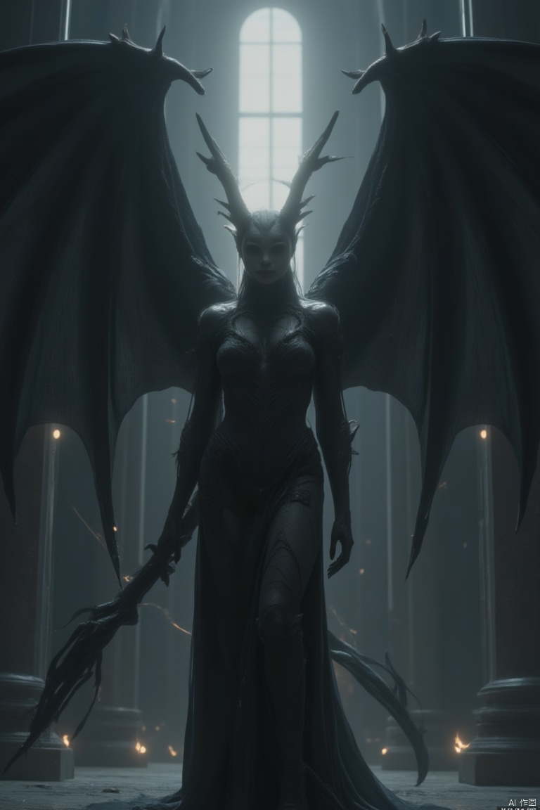 A dark, imposing scene featuring a female Lucifer, her three pairs of massive black wings spread wide, casting long shadows in the dim, cavernous space. She stands in a grand, Gothic cathedral, her presence dominating the vast, empty hall. The composition is wide-angle, emphasizing her towering form and the intricate details of her wings. The lighting is dramatic, with deep shadows and a single, piercing beam of light illuminating her face. She holds a flaming sword, her expression one of both power and defiance. The location is ominous, with towering columns and ancient, weathered stone adding to the foreboding atmosphere.