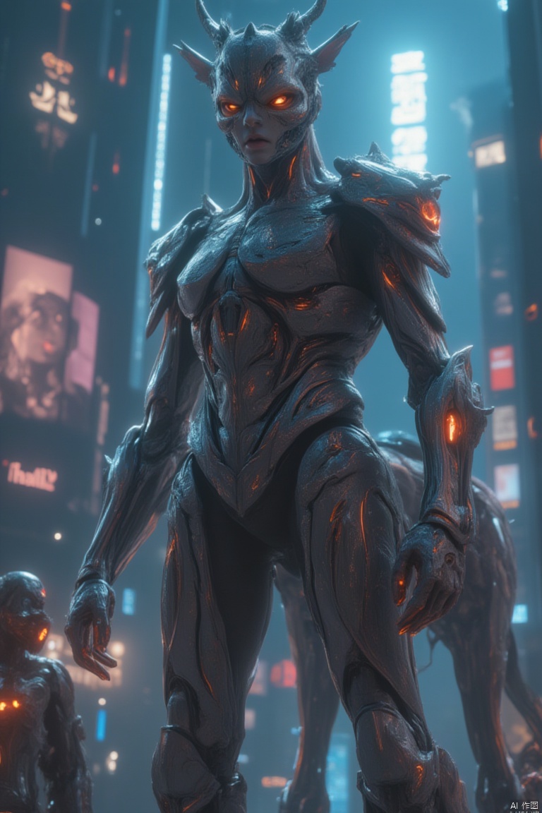 A futuristic, cybernetic scene featuring a human torso seamlessly integrated onto a powerful, mechanical horse body, clad in sleek, high-tech armor. The cyborg stands in a neon-lit, urban environment, surrounded by towering skyscrapers and holographic advertisements. The composition is mid-shot, capturing the fusion of organic and mechanical elements, with intricate details of the cybernetic enhancements and glowing circuitry. The lighting is vibrant and dynamic, with neon lights casting colorful reflections on the metallic surfaces. The cyborg holds a high-tech, energy-based weapon, its pose confident and ready for action. The location is a bustling, cyberpunk cityscape, with flying vehicles and advanced technology adding to the futuristic atmosphere.
