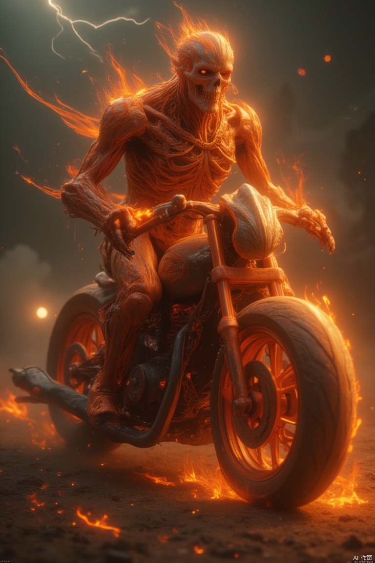A skeletal warrior clad in fiery armor, chains wrapped around its body, riding a roaring flame-engulfed motorcycle. The scene is set in a dark, desolate wasteland under a stormy sky, with lightning illuminating the fiery elements. The warrior's skull face is menacing, with glowing red eyes, and the motorcycle's wheels leave trails of fire as it speeds through the barren landscape. The composition is dynamic, capturing the moment of high-speed motion, with the flames and chains creating a chaotic yet visually striking effect.