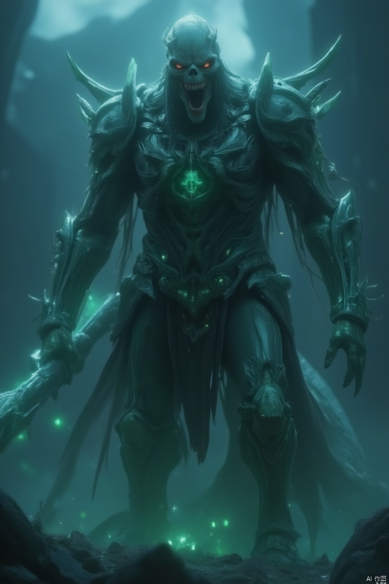 A fearsome Death Knight from Warcraft stands in a dramatic, low-angle shot, clad in dark, imposing armor with glowing runes. The scene is dimly lit, with eerie blue and green hues casting an ominous glow. The Death Knight wields a massive, glowing sword, ready for battle, with a fierce expression on his skeletal face. The composition is dynamic, with the character in a powerful, forward-leaning pose, set against a backdrop of a war-torn battlefield.