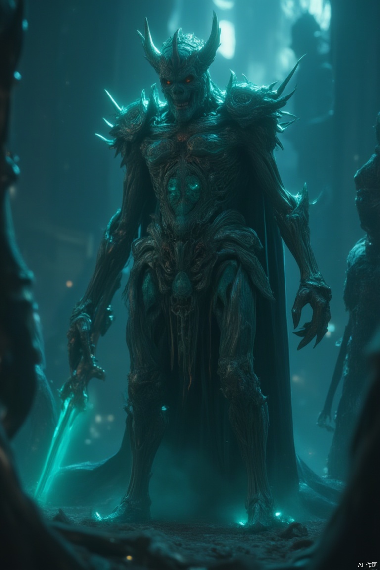 A fearsome Death Knight from Warcraft stands in a dramatic, low-angle shot, clad in dark, imposing armor with glowing runes. The scene is dimly lit, with eerie blue and green hues casting an ominous glow. The Death Knight wields a massive, glowing sword, ready for battle, with a fierce expression on his skeletal face. The composition is dynamic, with the character in a powerful, forward-leaning pose, set against a backdrop of a war-torn battlefield.