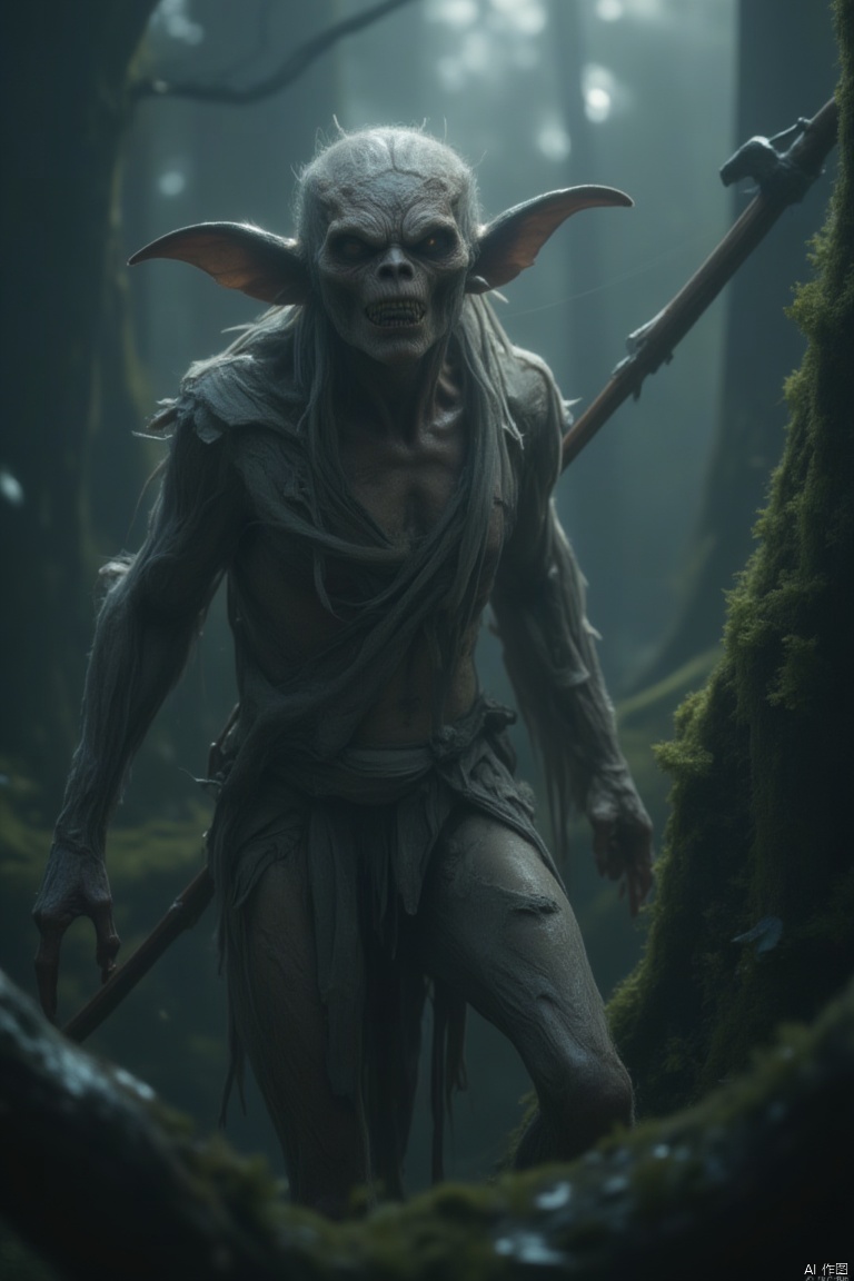 A close-up of a ragged goblin, dressed in tattered cloth strips, wielding a large wooden club. The scene is set in a dark, dank forest, with moss-covered trees and a misty atmosphere. The goblin's expression is fierce and determined, with sharp, menacing eyes. The lighting is dim, with shafts of light piercing through the canopy, casting eerie shadows. The composition is dynamic, with the goblin's pose aggressive and ready for combat.