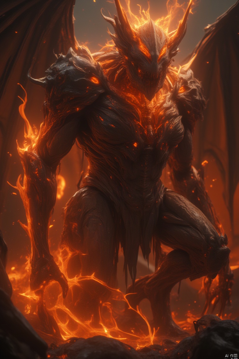 A dark, intense scene featuring a gargoyle, its stone form now infused with cybernetic enhancements and surrounded by roaring flames. The gargoyle stands in a dystopian, cybernetic hellscape, with molten metal and twisted machinery creating a chaotic environment. The composition is wide-angle, capturing the scale of the gargoyle and its surroundings. The lighting is harsh and dramatic, with bright orange and red hues dominating the scene. The gargoyle's eyes glow with an intense, malevolent light, and it wields a massive, flaming cybernetic weapon. The location is a nightmarish, cyberpunk hellscape, with erupting flames and scorched earth adding to the apocalyptic atmosphere.
