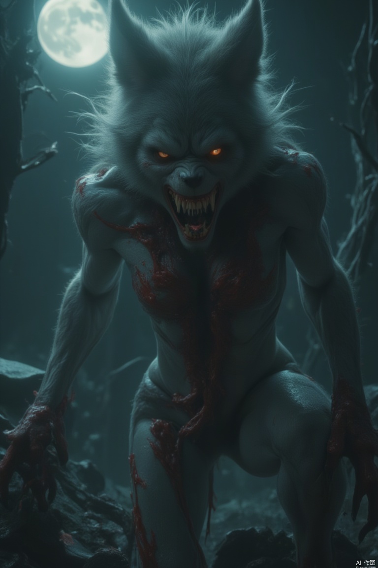 A dramatic, intense scene featuring a female werewolf, her fur matted with blood and her eyes glowing with primal fury. She stands in a moonlit forest clearing, her muscular form tense and ready to pounce. The composition is close-up, focusing on her snarling expression and the sharp claws extending from her hands. The lighting is harsh and contrasty, with deep shadows accentuating her powerful form. She holds a large, jagged rock in her hand, her pose aggressive and threatening. The location is eerie, with twisted trees and a full moon adding to the ominous atmosphere.
