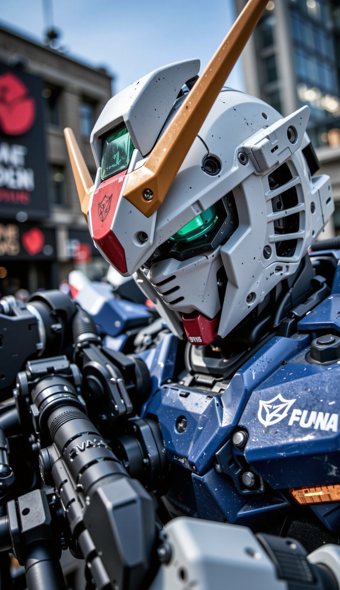 soft focus macro close-up of Gundam head,  aiming a rifle,  blue hue background on Tensor.Art