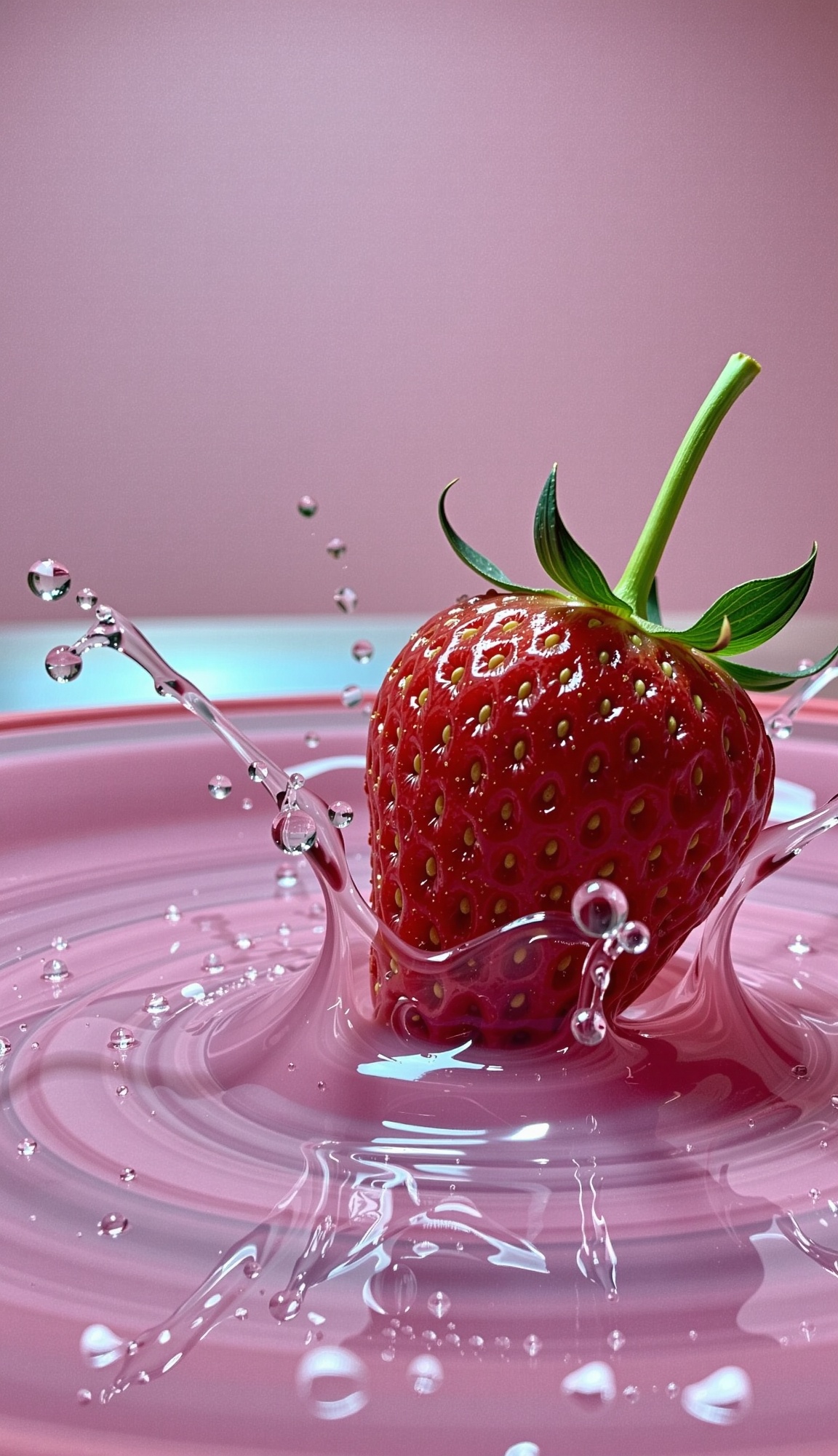 Bright,  focused light from the upper center illuminates a single,  large strawberry in a slightly high-angle extreme clos...