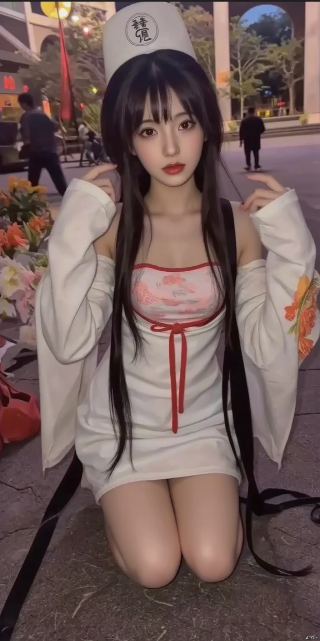 1girl, long hair, black hair, hat, solo focus,White impermanence