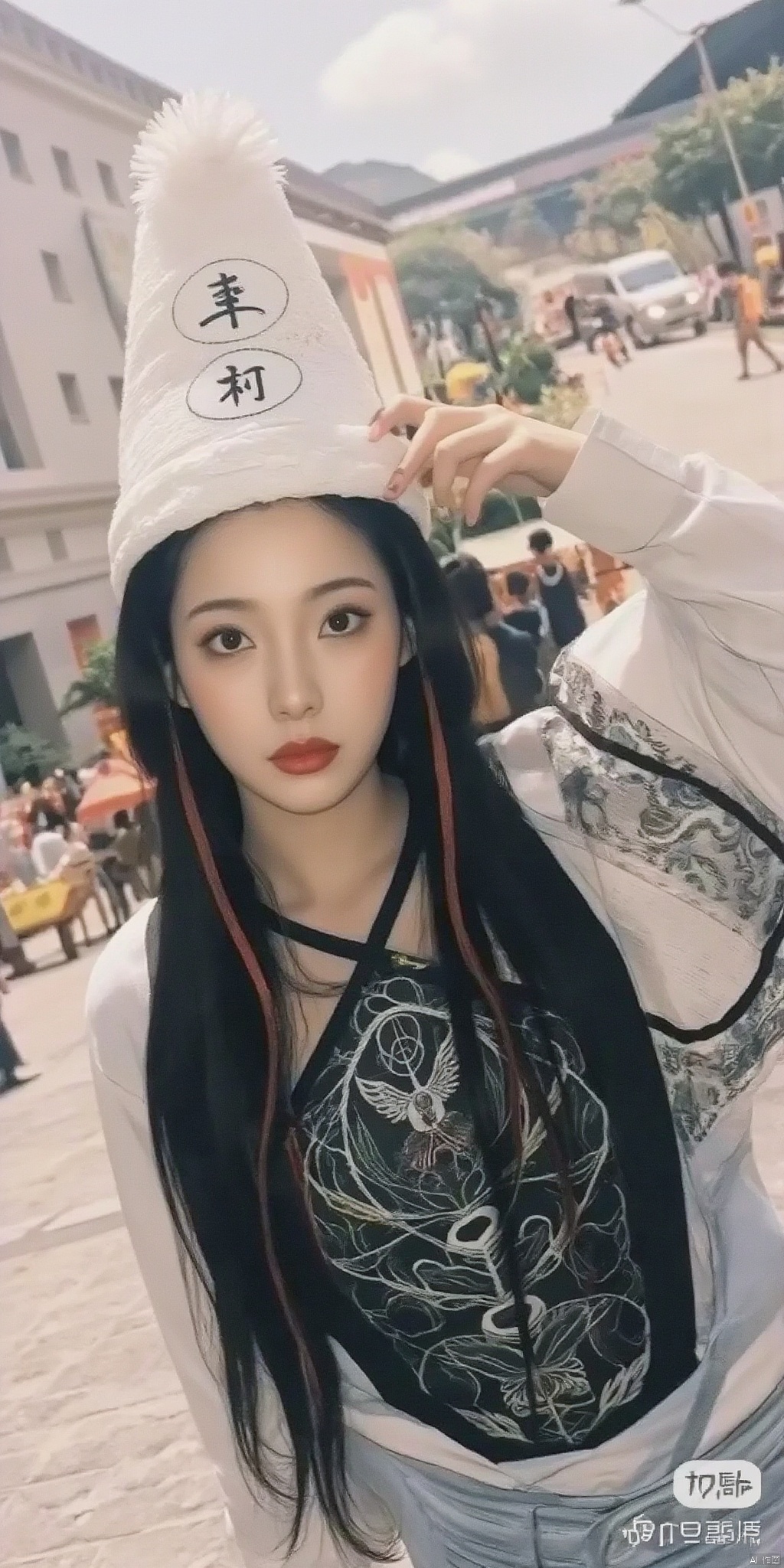 1girl, long hair, black hair, hat, solo focus,White impermanence