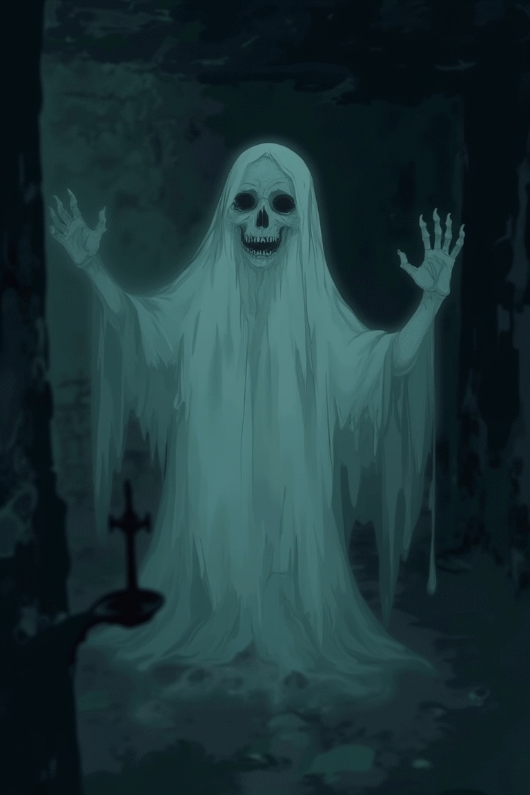 A creepy J-horror anime scene featuring a translucent ghost with a haunting,  ethereal presence. The ghost is floating in...