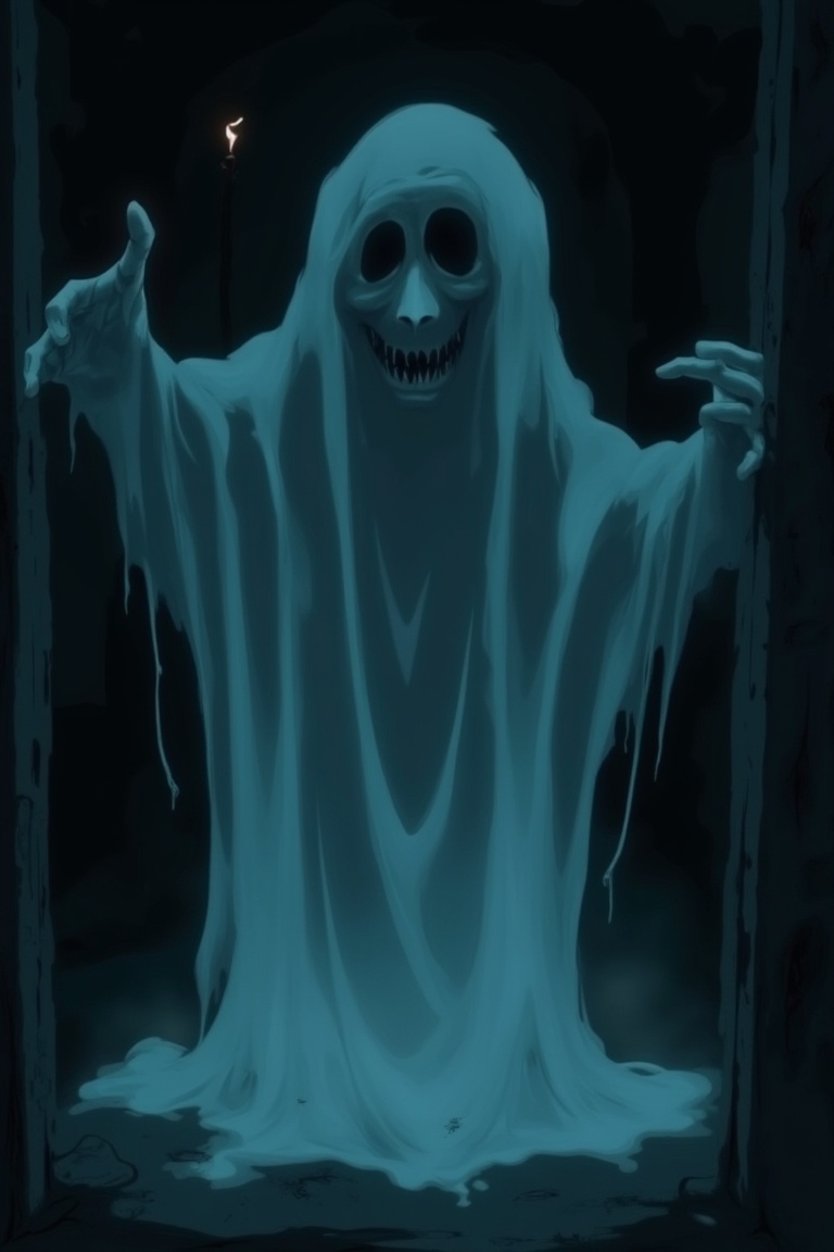A creepy J-horror anime scene featuring a translucent ghost with a haunting,  ethereal presence. The ghost is floating in...