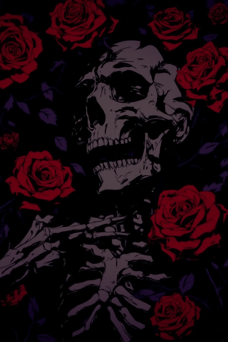 A dramatic J-horror anime scene featuring skeletal remains intertwined with vibrant red roses. The skeletal figure is part...
