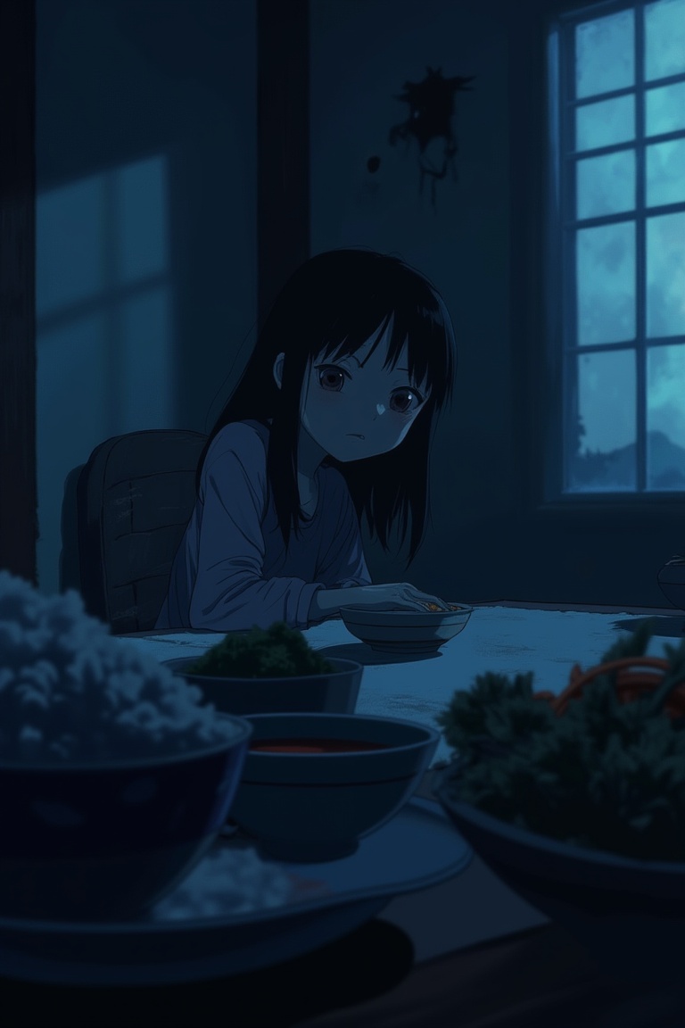 A morning breakfast scene in a J-horror anime style,  featuring a young girl sitting at a table. The table is set with a t...