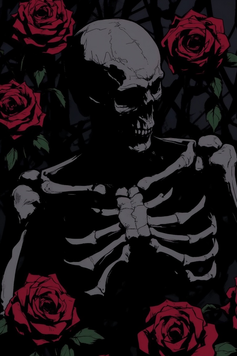 A dramatic J-horror anime scene featuring skeletal remains intertwined with vibrant red roses. The skeletal figure is part...
