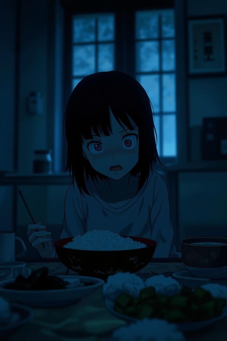 A morning breakfast scene in a J-horror anime style,  featuring a young girl sitting at a table. The table is set with a t...