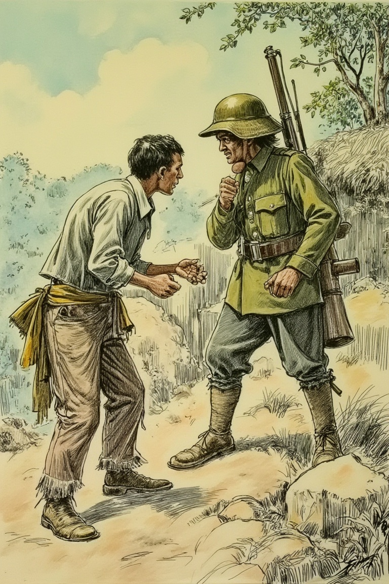 Rugged Malayan terrain,  circa 1920. A worn-out Malay peasant,  dressed in tattered pant and loose-fitting shirt on Tensor...