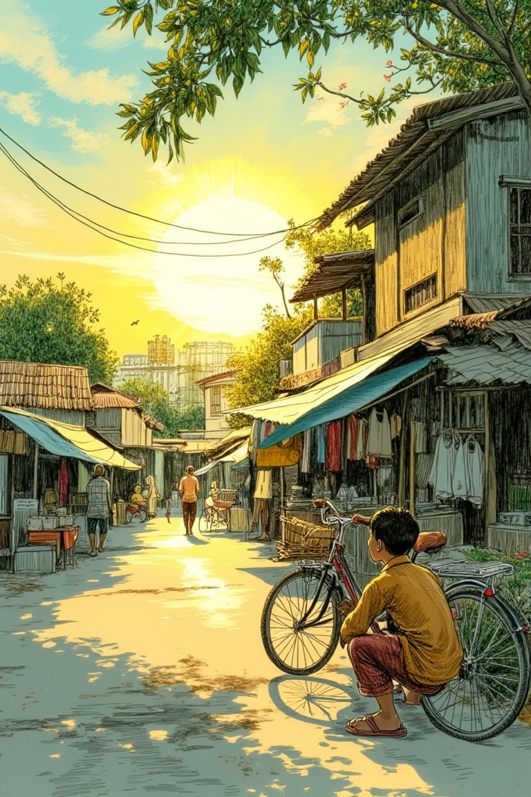 A serene morning scene in a small Malay town on Jumaat. A gentle haze settles over the quaint streets as the sun rises,  c...