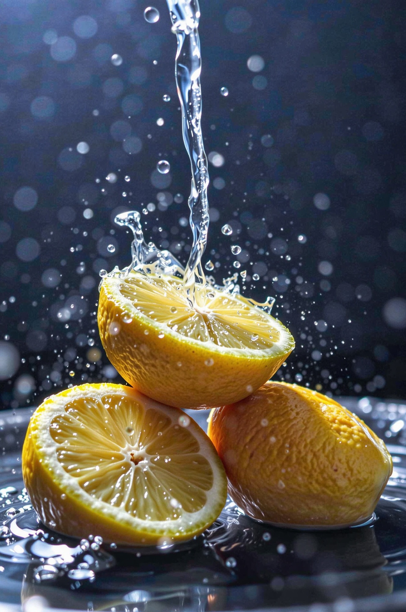 A high-resolution image featuring three vibrant yellow lemon halves stacked on top of each other,  with water splashing ar...