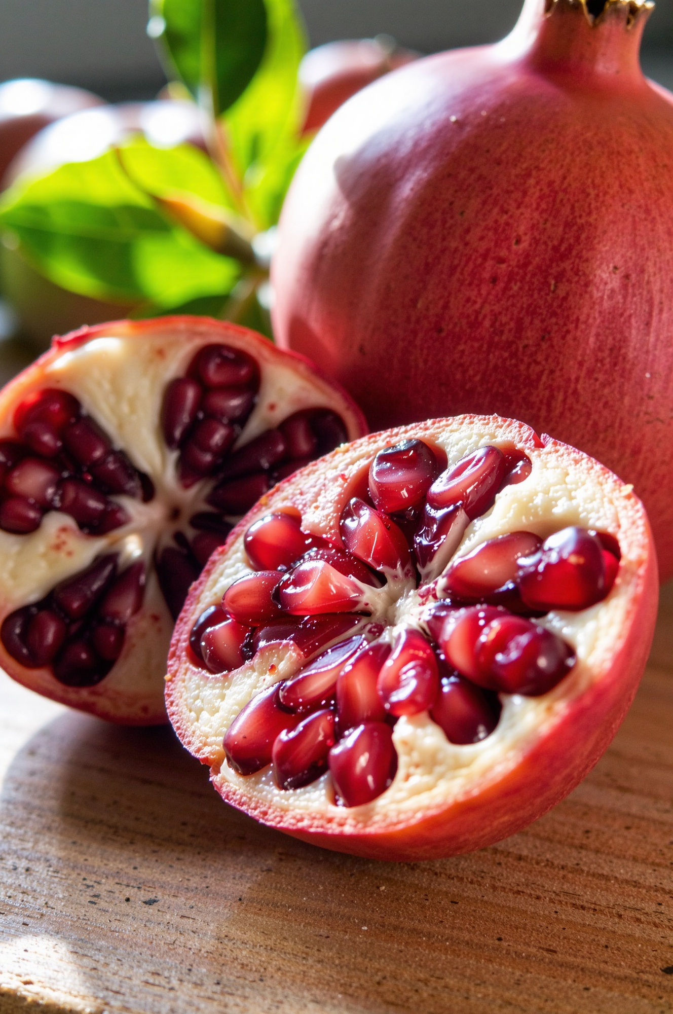 A close-up of a pomegranate lit by a strobe light,  with one whole pomegranate and one cut open to reveal the seeds inside...