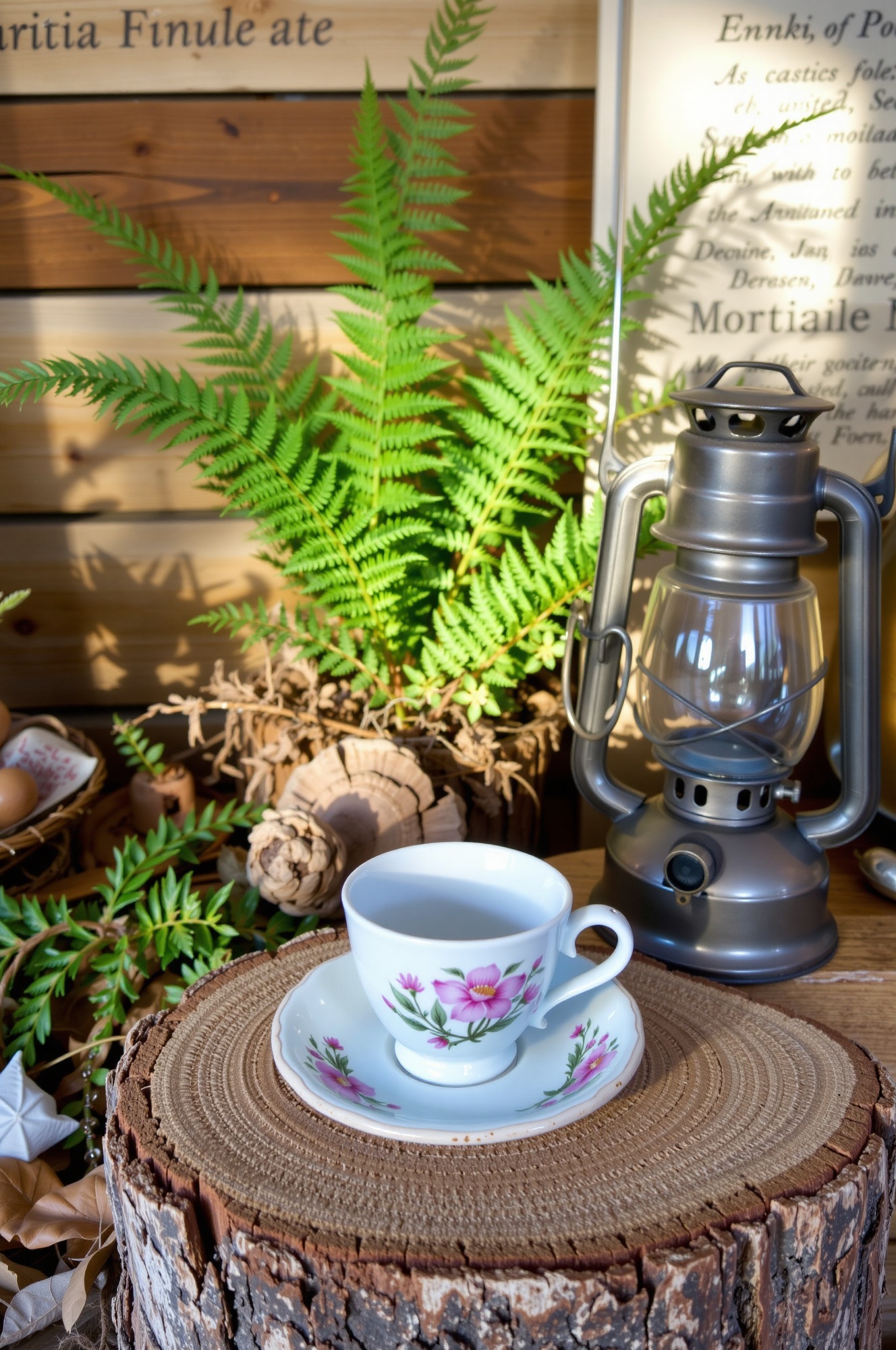 Commercial photograph of a rustic scene featuring a white ceramic cup with a floral pattern on a saucer,  placed on a wood...