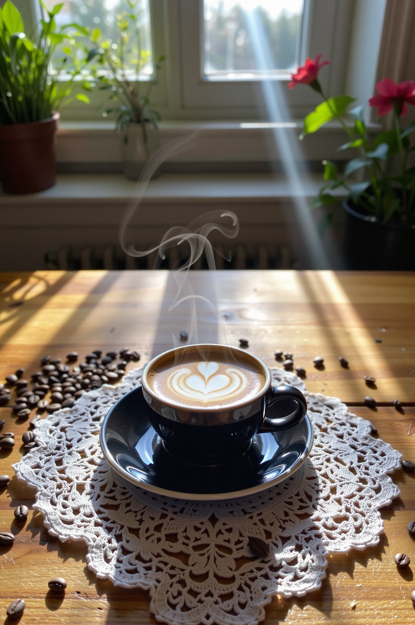 Commercial photograph of a steaming cup of latte art coffee in a black cup with a saucer,  lit by a strobe light,  placed...